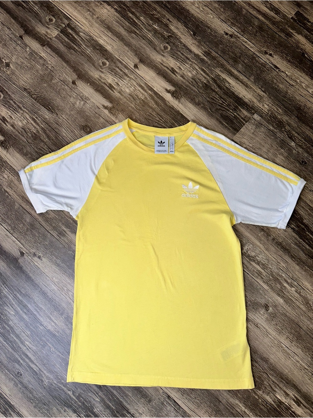Adidas Originals Trefoil T-Shirt Womens Small Yellow White 3 Stripe Raglan Tee